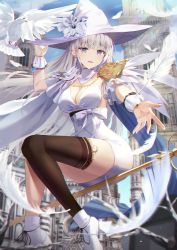 Rule 34 | 1girl, absurdres, animal, bare shoulders, bird, black thighhighs, boots, breasts, building, chromatic aberration, cleavage, clock, clock tower, commentary request, copyright request, day, dress, earrings, feathers, grey hair, hand on headwear, hand up, hat, high heel boots, high heels, highres, hyonee, jewelry, long hair, looking at viewer, medium breasts, official art, open mouth, outdoors, purple eyes, single thighhigh, sitting, solo, strapless, strapless dress, stud earrings, thighhighs, tower, very long hair, white dress, white feathers, white footwear, white hat, witch hat, wrist cuffs