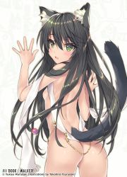 Rule 34 | 1girl, against wall, animal ear fluff, animal ears, artist name, ass, black hair, blush, breasts, cowboy shot, female focus, from behind, green eyes, hair between eyes, hair censor, highres, isekai maou to shoukan shoujo no dorei majutsu, long hair, looking at viewer, looking back, nude, official art, open mouth, rem galleu, shiny skin, small breasts, solo, tail, tsurusaki takahiro, very long hair, watermark