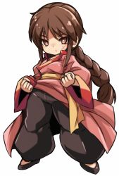 Rule 34 | 1girl, braid, brown eyes, brown hair, chibi, chinese clothes, closed mouth, fighting stance, full body, karukan (monjya), lei kuugo, live a live, long hair, looking at viewer, medium hair, scar, scar on face, simple background, single braid, solo, white background