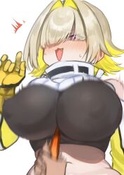 Rule 34 | 1girl, arm behind back, between breasts, blonde hair, breasts, covered erect nipples, elegg (nikke), eyes visible through hair, fang, gloves, goddess of victory: nikke, hair intakes, hair over eyes, highres, kanehira151, large breasts, long bangs, long sleeves, looking at viewer, motion blur, multicolored hair, navel, open mouth, pink eyes, simple background, solo focus, suspenders, sweat, two-tone hair, upper body, white background