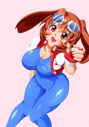 Rule 34 | 1girl, absurdres, arm support, blush, breasts, brown hair, cameltoe, covered erect nipples, goggles, goggles on head, highres, jacket, large breasts, legs, looking at viewer, makihara arina, open clothes, open jacket, open mouth, rabbit ears, red eyes, sitting, smile, solo, thighs, waku waku 7