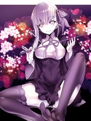 Rule 34 | 10s, 1girl, bad id, bad pixiv id, bb (fate), bb (fate/extra), black dress, black legwear, breasts, bustier, dress, fate/extra, fate/extra ccc, fate (series), floral background, flower, full body, gloves, grey eyes, hair between eyes, hair flower, hair ornament, hair ribbon, light smile, long hair, looking at viewer, medium breasts, no shoes, ribbon, riding crop, short dress, silly (marinkomoe), silver hair, sitting, smile, thighs, very long hair, white gloves, wide sleeves