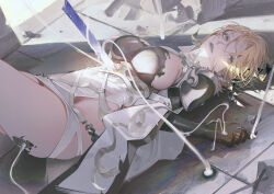 Rule 34 | 1girl, armor, armored dress, black gloves, black lips, blonde hair, breasts, dress, elbow gloves, feet out of frame, from above, gloves, groin, hair between eyes, highres, horns, koi han, large breasts, legs together, looking at viewer, lying, medium hair, mole, mole under eye, on back, original, parted bangs, parted lips, pauldrons, purple eyes, shoulder armor, sideboob, sidelocks, sleeveless, sleeveless dress, solo, thick thighs, thighs, tile floor, tiles, white dress