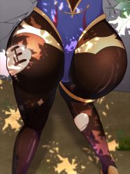 Rule 34 | 1girl, artist request, ass, ass focus, bent over, from behind, genshin impact, head out of frame, highres, huge ass, japanese text, kneeling, legs, leotard, lower body, mona (genshin impact), pixiv9959001, pov, shade, solo, stuck, thighhighs, thighs, through wall, torn clothes, torn thighhighs, tree