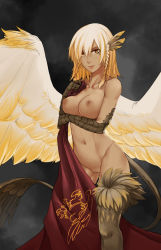 Rule 34 | 1girl, animal hands, banner, blonde hair, braid, breast hold, breasts, claws, cleft of venus, closed mouth, collarbone, commentary, dark-skinned female, dark areolae, dark background, dark nipples, dark skin, english commentary, expressionless, facial mark, feather hair ornament, feathered wings, feathers, gold trim, griffon (monster girl encyclopedia), groin, hair between eyes, hair ornament, hair over eyes, highres, holding, large breasts, less, lips, looking at viewer, md5 mismatch, monster girl, monster girl encyclopedia, navel, nipples, nude, pussy, short hair, side braid, solo, spread wings, standing, stomach, tail, twin braids, uncensored, whisker markings, wings, yellow eyes, yellow wings