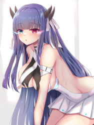 Rule 34 | 1girl, :o, azur lane, bare shoulders, blue eyes, blue hair, blush, breasts, cleavage, cleavage cutout, clothing cutout, covered navel, habu rin, heterochromia, highres, horns, ibuki (azur lane), large breasts, long hair, looking at viewer, red eyes, revealing clothes, ribbon, sidelocks, skirt, solo, sweat, very long hair
