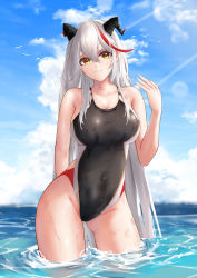Rule 34 | 1girl, aegir (azur lane), azur lane, black one-piece swimsuit, breasts, competition swimsuit, female focus, highres, horns, one-piece swimsuit, red one-piece swimsuit, solo, swimsuit, turboflower, water, wet, white one-piece swimsuit