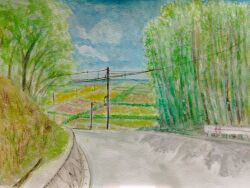 Rule 34 | bamboo, bamboo forest, blue sky, colored pencil (medium), farm, forest, highres, horizon, nature, original, pcpqapfxcw0ky8w, power lines, road, rural, sky, sleeveless, traditional media, utility pole