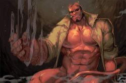 Rule 34 | 1boy, abs, bara, bare pectorals, black hair, broken horn, brown coat, cigar, coat, colored skin, convenient censoring, demon boy, demon tail, facial hair, goatee, gomtang, hellboy, hellboy (comic), horns, large pectorals, long sideburns, male focus, male pubic hair, mature male, monster boy, muscular, muscular male, naked coat, navel, navel hair, nipples, open clothes, open coat, pectorals, pubic hair, red skin, short hair, sideburns, sitting, smoke, smoking, solo, stomach, tail, thick thighs, thighs