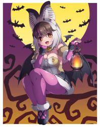 1girl animal_ears bat_(animal) bat_ears bat_girl bat_wings breasts brown_eyes brown_hair brown_long-eared_bat_(kemono_friends) drias elbow_gloves extra_ears fingerless_gloves gloves grey_hair halloween highres kemono_friends kemono_friends_v_project lantern large_breasts leotard long_hair looking_at_viewer microphone moon pantyhose shoes simple_background skirt virtual_youtuber wings