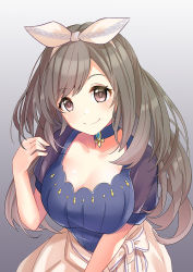 Rule 34 | 1girl, beige skirt, blue shirt, blush, bow, breasts, brown eyes, brown hair, choker, cleavage, closed mouth, gradient background, grey background, hair bow, idolmaster, idolmaster shiny colors, koukoku, large breasts, long hair, looking at viewer, puffy short sleeves, puffy sleeves, shirt, short sleeves, smile, solo, swept bangs, tsukioka kogane, white bow
