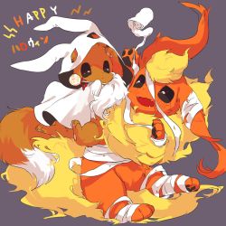 Rule 34 | absurdres, bad id, bad twitter id, bandages, black eyes, blush, candy, closed mouth, creatures (company), d:, eevee, fangs, flareon, food, game freak, gen 1 pokemon, grey background, halloween costume, happy halloween, hideko (l33l3b), highres, holding, hood, hood up, lollipop, nintendo, no humans, open mouth, pokemon, pokemon (creature), simple background, tears