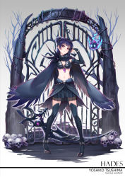 Rule 34 | 10s, 1girl, arm behind back, armor, bare tree, bikini, bikini top only, black cape, black footwear, black skirt, black thighhighs, blue fire, blue hair, blunt bangs, bracelet, breasts, bridal gauntlets, cape, chain, character name, choker, cleavage, cloak, closed mouth, copyright name, creature, crystal, curry bowl, detached sleeves, earrings, fire, full body, fur trim, gate, gradient background, greek mythology, grey background, hades (mythology), hair bun, hand up, head tilt, headband, highres, ironwork, jewelry, legs apart, long hair, looking at viewer, love live!, love live! sunshine!!, medium breasts, midriff, miniskirt, navel, necklace, overskirt, pigeon-toed, pile of skulls, pleated skirt, red eyes, scythe, see-through, shoes, shoulder spikes, side bun, single side bun, skirt, skull, smile, smirk, spikes, spirit, standing, stomach, swimsuit, thighhighs, torn clothes, tree, tsushima yoshiko, zettai ryouiki