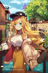 Rule 34 | 1girl, animal, artist name, baseball cap, belt, belt buckle, black headwear, blonde hair, blue eyes, blush, breasts, brown belt, brown jacket, brown skirt, buckle, cat, closed mouth, collared shirt, commentary, crepe, day, dragalia lost, english commentary, food, hat, hentaki, highres, holding, holding food, holding hands, jacket, long hair, medium breasts, off shoulder, open clothes, open jacket, out of frame, outdoors, railing, ramona (dragalia lost), shirt, skirt, sleeveless, sleeveless shirt, smile, solo focus, very long hair, water, watermark, web address, white shirt