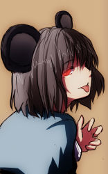 Rule 34 | 1girl, :p, animal ears, black hair, bob cut, glowing, glowing eye, highres, looking at viewer, looking back, mouse ears, nazrin, neko zukin, poncho, profile, simple background, sketch, solo, tongue, tongue out, touhou