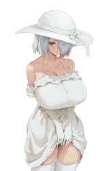 Rule 34 | 1girl, bare shoulders, blue eyes, bob cut, bow, breasts, cleavage, clothes lift, collarbone, cowboy shot, dress, dress lift, eyelashes, frills, garter straps, gloves, hair over one eye, hat, hat bow, highres, huge breasts, kanaloa (destiny child), multicolored hair, original, parted lips, red hair, short hair, skindentation, sleeveless, sleeveless dress, solo, thick thighs, thighhighs, thighs, two-tone hair, white background, white dress, white gloves, white hair, white hat, white thighhighs, wonchun
