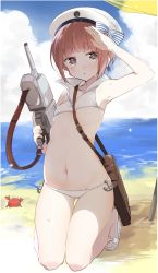 Rule 34 | 10s, 1girl, anchor, animal, arm up, armpits, bag, bare arms, bare shoulders, beach, beret, between breasts, bikini, blue sky, blunt bangs, bow, breasts, collarbone, crab, day, eyebrows, gun, hat, hat bow, highres, holding, holding gun, holding weapon, horizon, kantai collection, kneeling, looking at viewer, navel, no legwear, outdoors, sailor bikini, sailor collar, sailor hat, salute, sand, sandals, shore, sino (sionori), sky, small breasts, smiley face, stomach, strap between breasts, striped, striped bow, summer, sweatdrop, swimsuit, thigh gap, trigger discipline, weapon, white bikini, white hat, z3 max schultz (kancolle)