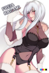 Rule 34 | 1girl, bare shoulders, blush, breasts, character name, cleavage, detached sleeves, freia kagami, fur trim, garter straps, gem, halterneck, kupala, large breasts, long hair, looking at viewer, red eyes, see-through, solo, thighhighs, thighs, tongue, tongue out, white background, white hair, wrestle angels