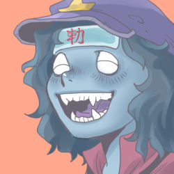 Rule 34 | 1girl, :d, ^ ^, beret, blue hair, blue skin, closed eyes, colored skin, fangs, hat, miyako yoshika, onikobe rin, open mouth, portrait, simple background, smile, solo, star (symbol), teeth, tongue, touhou