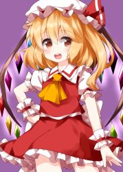 Rule 34 | 1girl, ascot, blonde hair, collared shirt, crystal, flandre scarlet, hat, hat ribbon, highres, looking at viewer, medium hair, mob cap, open mouth, orange eyes, purple background, red ribbon, red skirt, red vest, ribbon, ruu (tksymkw), shirt, short sleeves, side ponytail, simple background, skirt, solo, standing, touhou, vest, white hat, white shirt, wings, wrist cuffs, yellow ascot