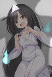 Rule 34 | 1boy, 1girl, @ @, black hair, blue fire, blush, bow, breasts, brown eyes, cleavage, collarbone, confused, cowboy shot, d:, fingernails, fire, floating, flying sweatdrops, ghost, ghost pose, grey background, highres, hitodama, japanese clothes, kabedon, kimono, kneeling, light blush, long hair, looking at viewer, mogura2009, open mouth, original, parted bangs, petite, pov, scared, shadow, side ahoge, simple background, small breasts, sweatdrop, triangular headpiece, v-shaped eyebrows, very long hair, waist bow, white bow, white kimono, wide sleeves