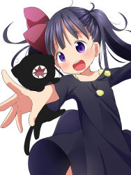 Rule 34 | 1girl, :d, black cat, black dress, black hair, blush, bow, cat, coco (kuro), collarbone, commentary request, dress, flying sweatdrops, hair bow, highres, kuro (kuro), kuro (manga), long sleeves, makuran, open mouth, outstretched arms, pom pom (clothes), purple bow, purple eyes, sharp teeth, simple background, smile, solo, teeth, twintails, upper teeth only, white background