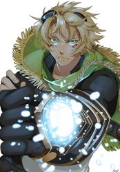Rule 34 | 1boy, alternate costume, blonde hair, capelet, energy, ezreal, facial mark, gloves, glowing, goggles, goggles on head, green eyes, kisarazu tetsuya, league of legends, male focus, md5 mismatch, resolution mismatch, short hair, signature, solo, source larger