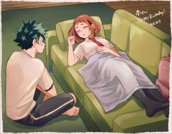 1boy 1girl black_pants boku_no_hero_academia breasts brown_hair closed_eyes couch green_shirt highres lying medium_breasts medium_hair midoriya_izuku necktie pants red_necktie school_uniform shirt short_hair sleepy tabetai_omochi u.a._school_uniform uraraka_ochako white_shirt