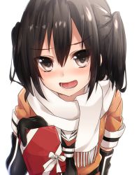 Rule 34 | 10s, 1girl, blush, brown eyes, brown hair, elbow gloves, gift, gloves, holding, holding gift, incoming gift, kantai collection, keita (tundereyuina), open mouth, scarf, sendai (kancolle), short hair, short sleeves, simple background, solo, two side up, uniform, white background, white scarf
