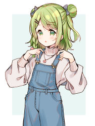Rule 34 | 1girl, :o, black bow, blush, bow, braid, double bun, flower, flower necklace, green eyes, green hair, grey background, grey sweater, hair bow, hair bun, hair ornament, hairclip, hands up, jewelry, long sleeves, meito (maze), morinaka kazaki, necklace, nijisanji, overalls, parted lips, pink bow, puffy long sleeves, puffy sleeves, side braid, single braid, solo, sweater, two-tone background, two side up, virtual youtuber, white background