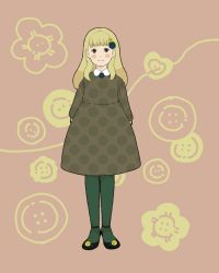Rule 34 | bad id, bad pixiv id, blonde hair, blush, buttons, dress, fashion, flower, green pantyhose, mary janes, mosuko, pantyhose, polka dot, shoes, solo