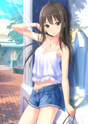 Rule 34 | 10s, 1girl, arm up, bad id, bare arms, bare shoulders, blush, bracelet, breasts, brown hair, casual, cleavage, collarbone, crop top, day, denim, denim shorts, green eyes, hair between eyes, highres, idolmaster, idolmaster cinderella girls, jewelry, layered clothes, long hair, looking at viewer, medium breasts, midriff, multiple girls, navel, necklace, open mouth, outdoors, shibuya rin, shorts, solo focus, storefront, tamakaga, tank top