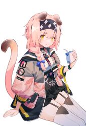 Rule 34 | 1girl, 52hzwhzw, animal ears, arknights, black choker, black hairband, black skirt, blue bow, blush, bow, braid, cat ears, cat girl, cat tail, choker, drink, drinking straw, floppy ears, garter straps, goldenglow (arknights), grey jacket, hair bow, hair ornament, hairband, hairclip, highres, holding, holding drink, id card, invisible chair, jacket, juice box, lightning bolt print, long hair, multicolored clothes, multicolored jacket, open clothes, open jacket, pink hair, pink jacket, shirt, simple background, sitting, skirt, solo, tail, tail raised, thighs, two-tone jacket, white background, white legwear, white shirt, yellow eyes