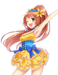 Rule 34 | 10s, 1girl, ;d, arm up, armpits, bad id, bad pixiv id, bow, brown eyes, brown hair, choker, corset, dress, flower, frills, hair flower, hair ornament, idolmaster, idolmaster cinderella girls, jewelry, long hair, necklace, one eye closed, open mouth, ponytail, pu uq, simple background, skirt, smile, solo, sweat, very long hair, wakabayashi tomoka, white background, wink, yellow dress, yellow skirt
