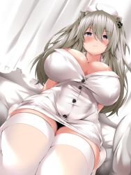 Rule 34 | 1girl, ahoge, animal ears, arm support, blush, breasts, circussion, cleavage, curvy, dress, earrings, grey eyes, grey hair, hair between eyes, hat, hololive, huge breasts, jewelry, large breasts, leaning back, lion ears, lion girl, long hair, looking at viewer, nurse, nurse cap, seiza, shishiro botan, sitting, solo, thick thighs, thighhighs, thighs, virtual youtuber, white thighhighs