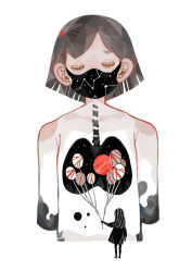 Rule 34 | 2girls, :|, anatomy, no arms, balloon, closed eyes, closed mouth, constellation print, dress, lungs, mask, mouth mask, multiple girls, neetiska, no arms, original, short hair, straight hair, surreal, symbolism, torso, white background