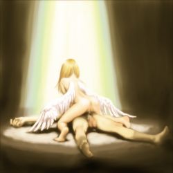 Rule 34 | 1boy, 1girl, afterglow, aftersex, angel, angel wings, anus, ass, back, barefoot, blonde hair, censored, cowgirl position, cum, cum in pussy, feet, from behind, girl on top, hetero, legs, long hair, nude, o72, original, penis, pussy, sex, straddling, testicles, wings