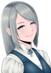 Rule 34 | 1girl, absurdres, blue eyes, blue vest, closed mouth, cropped shoulders, final fantasy, final fantasy xvi, grey hair, highres, holding, jill warrick, long hair, looking at viewer, portrait, puffy sleeves, simple background, smile, solo, tied drawstring, upper body, user gkwp5877, vest, white background
