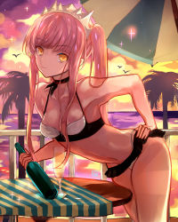 Rule 34 | 1girl, bikini, bottle, breasts, cleavage, closed mouth, cowboy shot, cup, drinking glass, fate/grand order, fate (series), glass, hand on own hip, highres, leaning forward, linea alba, long hair, looking at viewer, medb (fate), medb (swimsuit saber) (fate), medb (swimsuit saber) (second ascension) (fate), medium breasts, navel, palm tree, pink hair, signature, smile, solo, sunset, swimsuit, table, tiara, tree, twintails, water, wine bottle, yellow eyes, yuu (pixiv769259)