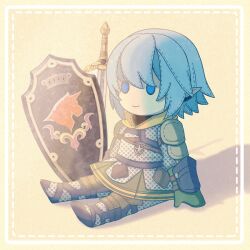 Rule 34 | 1boy, armor, bloom, blue eyes, chainmail, character doll, closed mouth, final fantasy, final fantasy xiv, haurchefant greystone, no humans, shield, simple background, sitting, smile, stuffed toy, sword, weapon, wuze zeei