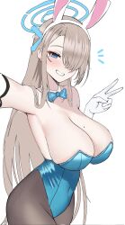 Rule 34 | absurdres, animal ears, armpits, asuna (blue archive), asuna (bunny) (blue archive), black pantyhose, blue archive, blue bow, blue bowtie, blue eyes, blue halo, blue leotard, blush, bow, bowtie, breasts, cleavage, commentary request, covered navel, cowboy shot, dalgam12, detached collar, elbow gloves, fake animal ears, gloves, grin, hair over one eye, halo, hand up, heart, heart-shaped pupils, highleg, highleg leotard, highres, huge breasts, korean commentary, leotard, looking at viewer, mole, mole on breast, notice lines, one eye covered, open mouth, pantyhose, parted bangs, playboy bunny, rabbit ears, selfie, sidelocks, simple background, smile, strapless, strapless leotard, symbol-shaped pupils, teeth, traditional bowtie, v, white background, white gloves