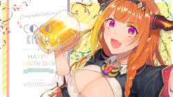 Rule 34 | 1girl, alcohol, beer, beer mug, black hairband, black jacket, blonde hair, blunt bangs, bow, braid, breasts, brooch, chain necklace, character name, cleavage, cleavage cutout, clothing cutout, collared shirt, commentary, commentary request, confetti, congratulations, cup, dated, diagonal-striped bow, dragon girl, dragon horns, fang, gem, hairband, hand up, happy, happy birthday, highres, holding, holding cup, hololive, horn bow, horn ornament, horns, jacket, jewelry, kiryu coco, kiryu coco (1st costume), large breasts, light blush, long hair, looking at viewer, mug, multicolored eyes, multicolored hair, necklace, open mouth, orange hair, pointy ears, purple eyes, red eyes, shirt, single braid, skin fang, solo, spilling, streaked hair, streamers, striped, striped background, striped bow, symbol-only commentary, upper body, virtual youtuber, waka (wkmtr), white shirt