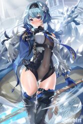 Rule 34 | 1girl, 7 n, black thighhighs, blue gloves, blue hair, blush, breasts, closed mouth, covered navel, eula (genshin impact), genshin impact, gloves, gluteal fold, highres, holding, holding sword, holding weapon, leotard, long hair, long sleeves, looking at viewer, medium breasts, see-through, see-through leotard, solo, standing, sword, thighhighs, weapon, yellow eyes