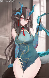 Rule 34 | 1girl, arknights, bare shoulders, black hair, breasts, china dress, chinese clothes, dragon horns, dragon tail, dress, dusk (arknights), dusk (everything is a miracle) (arknights), earrings, green arm, hair between eyes, highres, horns, indoors, jewelry, long hair, looking at viewer, paintbrush, pointy ears, red eyes, sitting, sitting on object, solo, tail, thighs, twitter username, very long hair, wuwuwu (kriswu555)