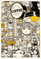 Rule 34 | 1girl, book, clipboard, collared shirt, cup, english text, hand up, highres, kitamurashu, medium hair, monochrome, open mouth, original, overalls, shelf, shirt, solo, spot color, twintails, upper body, white hair, white overalls, white shirt, yellow eyes