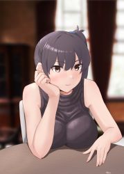 Rule 34 | 1girl, alternate costume, black sweater, blurry, blurry background, breast rest, breasts, brown eyes, brown hair, commentary request, hand on own face, highres, jouzaburou (joe3), kaga (kancolle), kantai collection, long hair, side ponytail, sleeveless, sleeveless sweater, solo, sweater, table, turtleneck, upper body, window