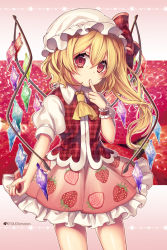 Rule 34 | 1girl, adapted costume, ascot, blonde hair, blush, bow, finger to mouth, flandre scarlet, food print, hair between eyes, hat, hat bow, kyouda suzuka, long hair, looking at viewer, mob cap, pink skirt, plaid, plaid bow, plaid vest, red bow, red eyes, side ponytail, skirt, solo, strawberry print, touhou, upper body, vest, white hat, wings