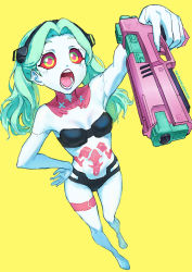 Rule 34 | 1girl, absurdres, aiming, aiming at viewer, aqua hair, artificial eye, black bra, black panties, bra, breasts, colored sclera, colored skin, commentary, cyberpunk (series), cyberpunk edgerunners, english commentary, finger on trigger, gun, handgun, highres, holding, holding weapon, leg tattoo, long hair, looking at viewer, mechanical eye, navel, neck tattoo, open mouth, panties, perspective, purple z, rebecca (cyberpunk), red pupils, red sclera, revealing clothes, simple background, small breasts, solo, stomach tattoo, tattoo, twintails, twitter username, underwear, underwear only, weapon, white skin, wide hips, yellow background, yellow eyes