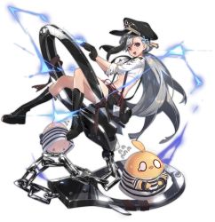 Rule 34 | 1girl, :d, azur lane, belt, bird, black footwear, black gloves, black hat, black shorts, boots, chain, chick, crop top, cross-laced footwear, cuffs, full body, gloves, grey hair, hair ornament, handcuffs, hat, highres, holding, id card, knee boots, lace-up boots, long hair, looking at viewer, low ponytail, manjuu (azur lane), midriff, minsk (azur lane), minsk (thunderous jailor) (azur lane), multicolored hair, navel, necktie, official alternate costume, official art, open mouth, oversized object, peaked cap, prison clothes, purple eyes, shirt, shisantian, short shorts, shorts, smile, solo, stomach, streaked hair, suspenders, taser, thighs, transparent background, uniform, very long hair, white shirt
