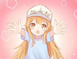 Rule 34 | 10s, 1girl, :o, blue shirt, blush, brown eyes, character name, clothes writing, commentary request, flat cap, hair between eyes, hat, hataraku saibou, highres, light brown hair, long hair, looking at viewer, nezumi (09261377), open mouth, outstretched arms, platelet (hataraku saibou), shirt, short sleeves, solo, sparkle, tears, very long hair, white hat